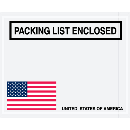 4 <span class='fraction'>1/2</span> x 5 <span class='fraction'>1/2</span>" U.S.A. Flag "Packing List Enclosed" Envelopes